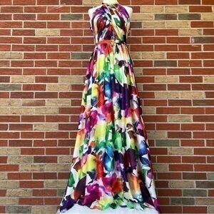 Love by THEIA Watercolor NWT White Purple Multicolor Open Back Halter Maxi Dress